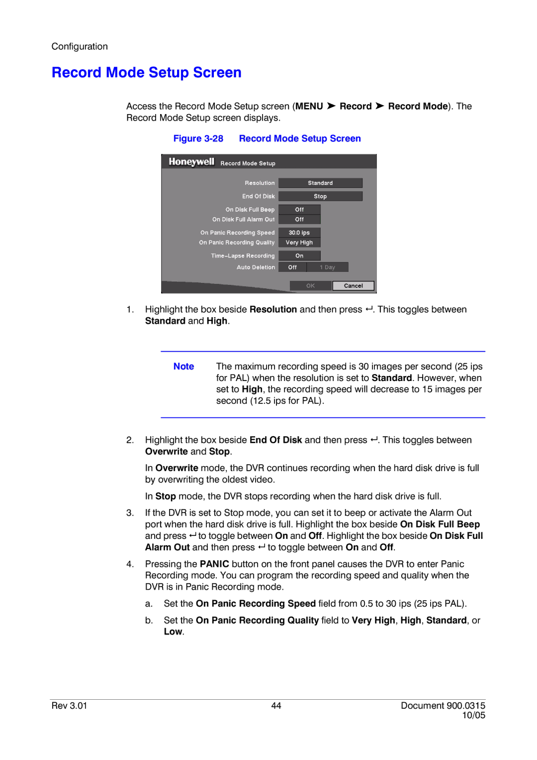 Honeywell HRHD 410 manual Record Mode Setup Screen 