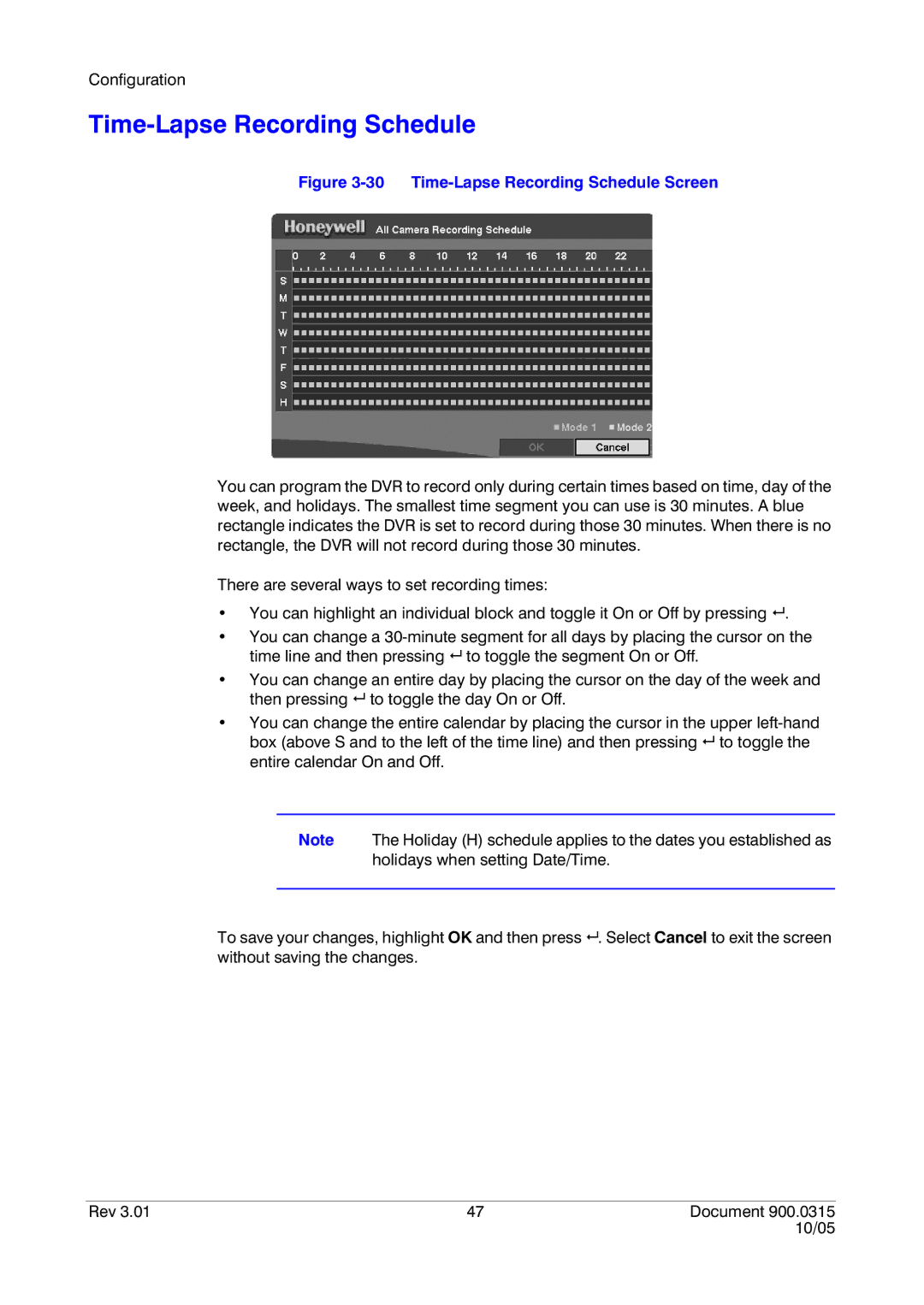 Honeywell HRHD 410 manual Time-Lapse Recording Schedule Screen 