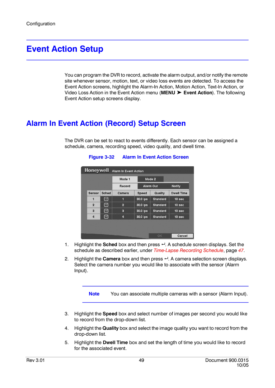 Honeywell HRHD 410 manual Event Action Setup, Alarm In Event Action Record Setup Screen 