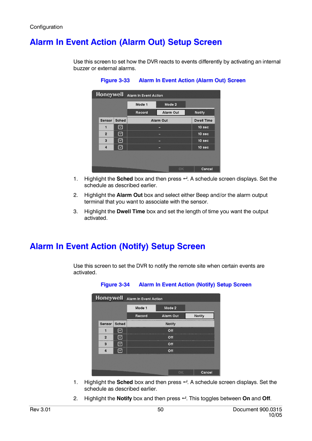 Honeywell HRHD 410 manual Alarm In Event Action Alarm Out Setup Screen, Alarm In Event Action Notify Setup Screen 