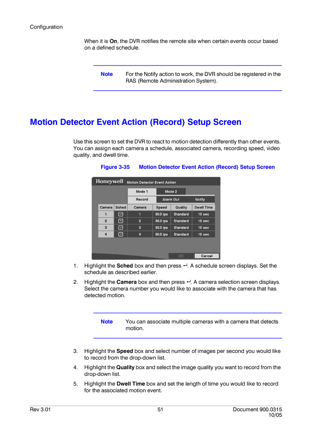 Honeywell HRHD 410 manual Motion Detector Event Action Record Setup Screen 