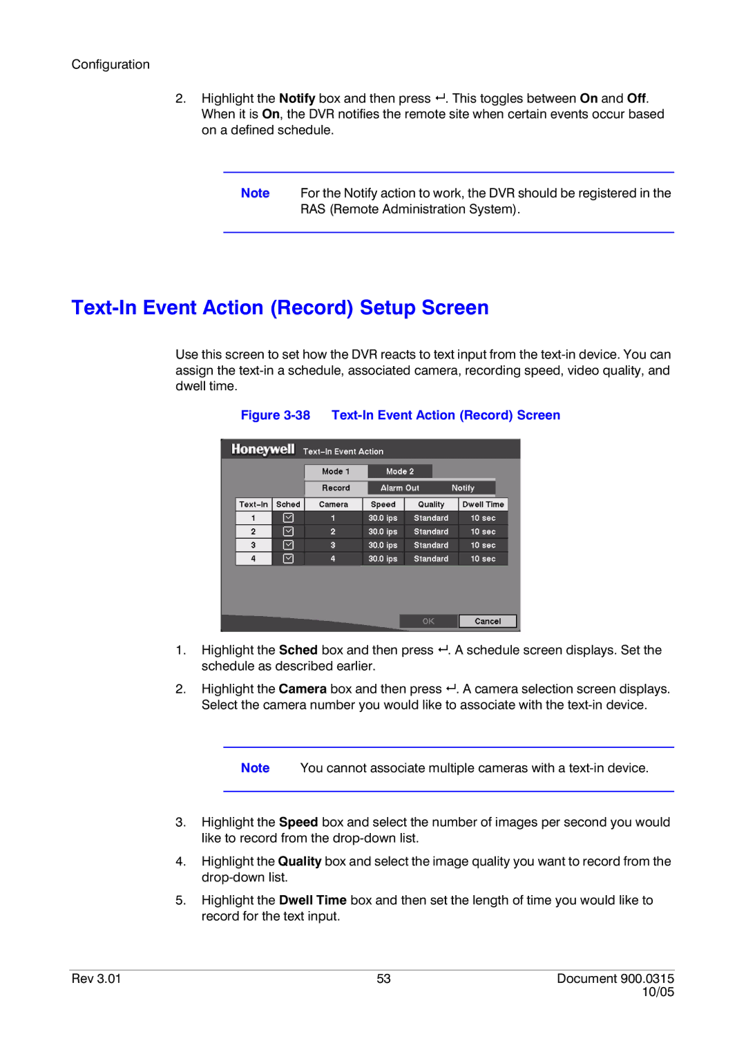 Honeywell HRHD 410 manual Text-In Event Action Record Setup Screen, Text-In Event Action Record Screen 