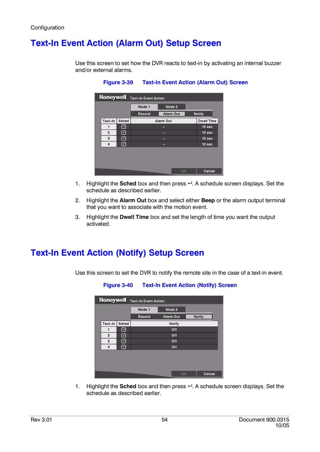 Honeywell HRHD 410 manual Text-In Event Action Alarm Out Setup Screen, Text-In Event Action Notify Setup Screen 