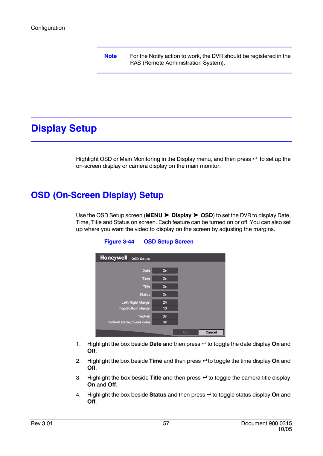 Honeywell HRHD 410 manual OSD On-Screen Display Setup 