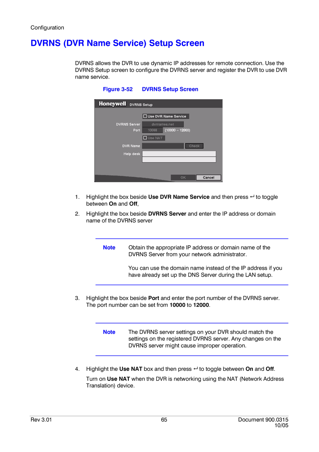 Honeywell HRHD 410 manual Dvrns DVR Name Service Setup Screen, Dvrns Setup Screen 