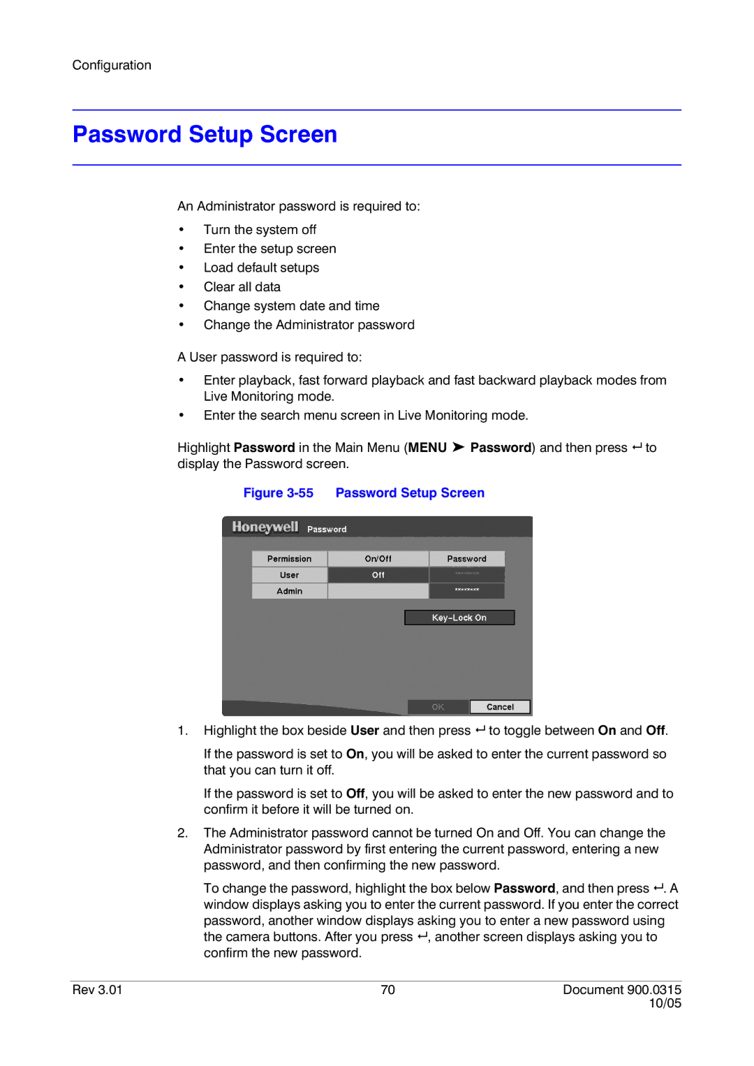 Honeywell HRHD 410 manual Password Setup Screen 