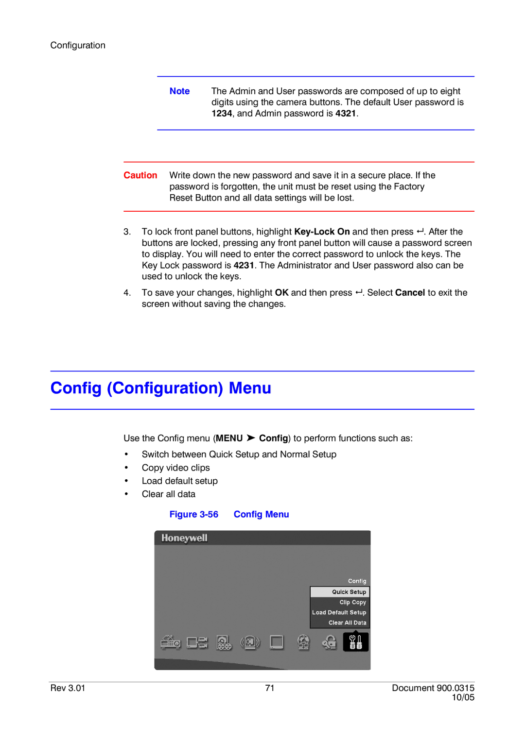 Honeywell HRHD 410 manual Config Configuration Menu, Config Menu 