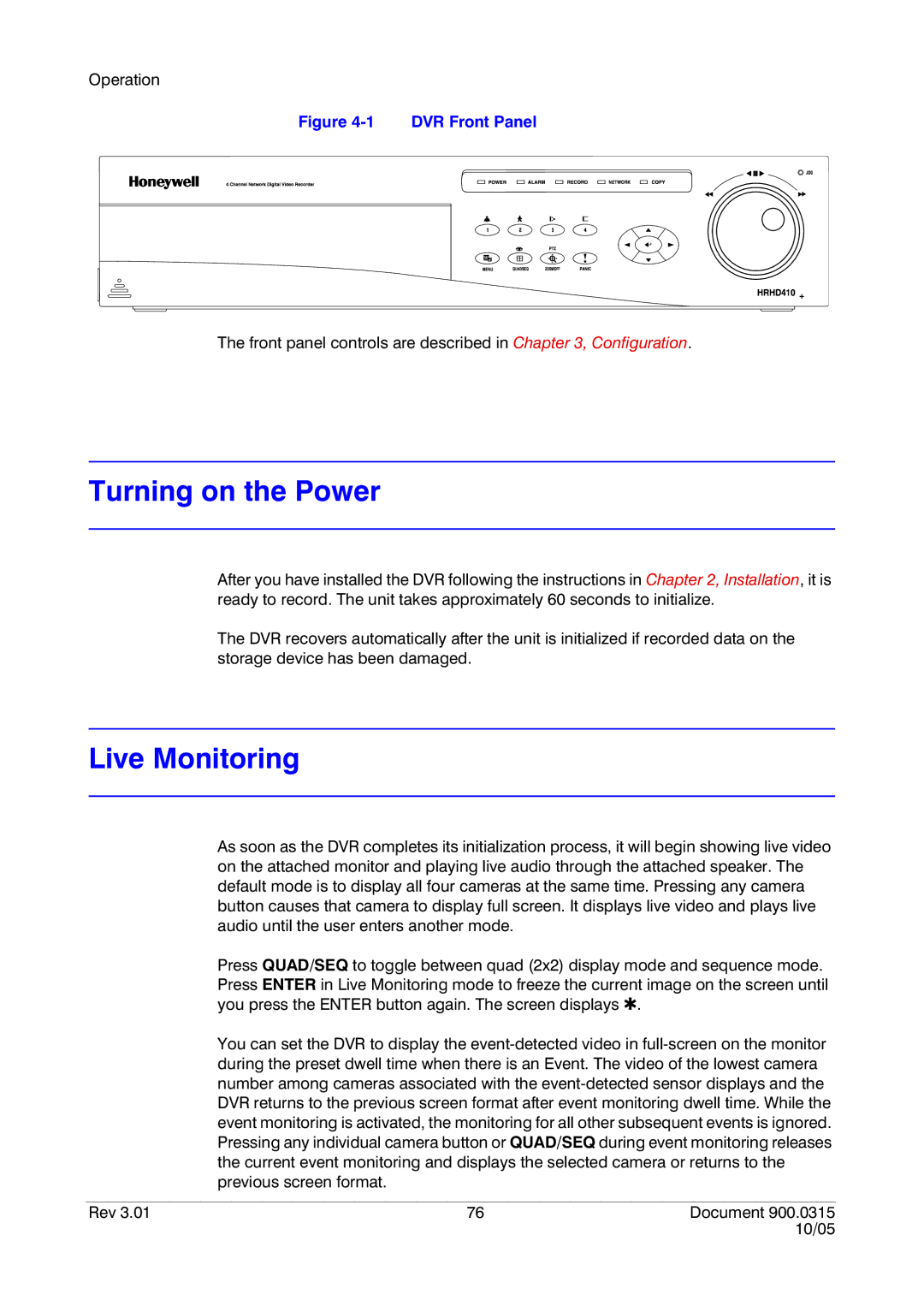 Honeywell HRHD 410 manual Live Monitoring, DVR Front Panel 