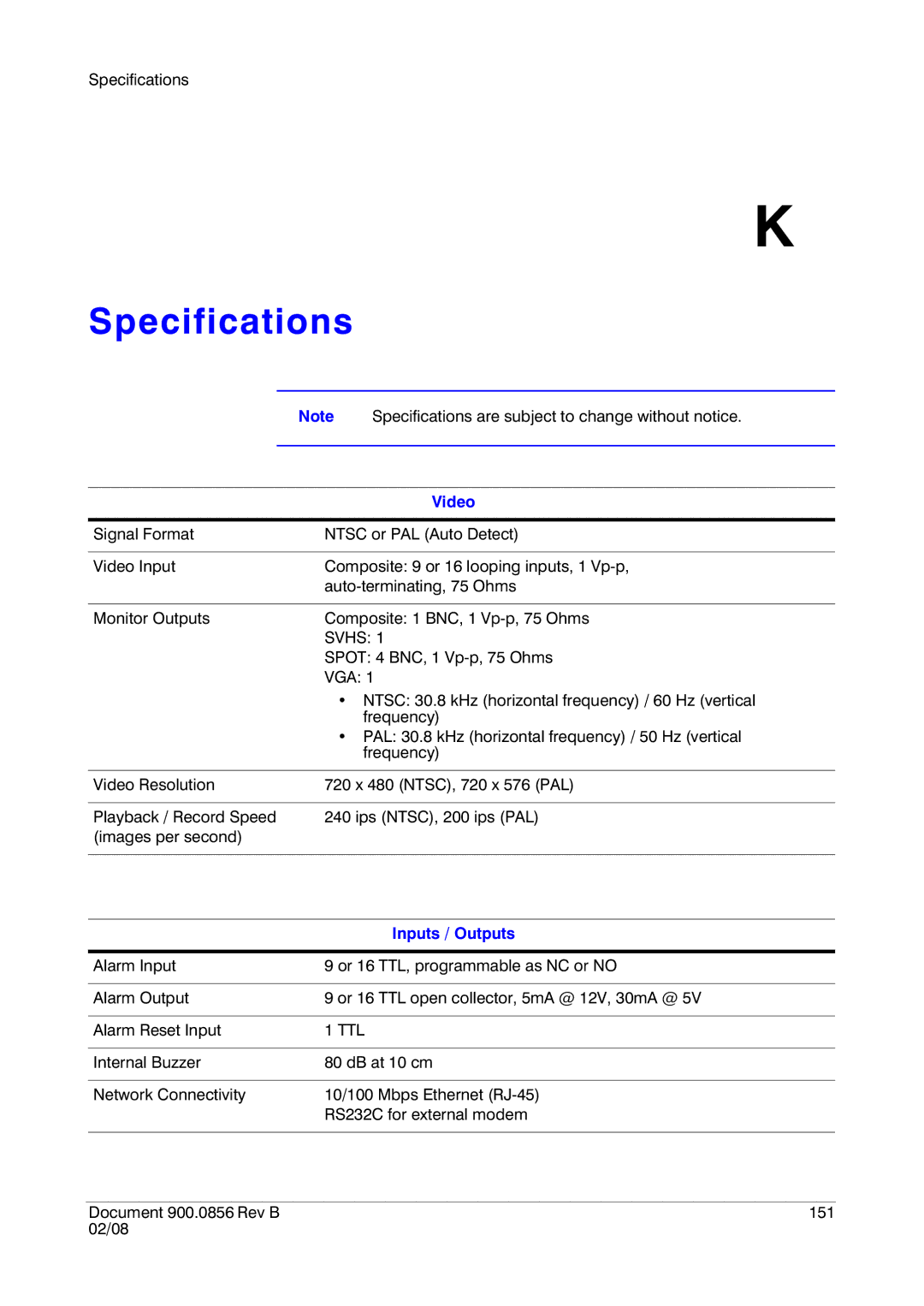 Honeywell HRXD16, HRXD9 manual Specifications, Video, Inputs / Outputs 