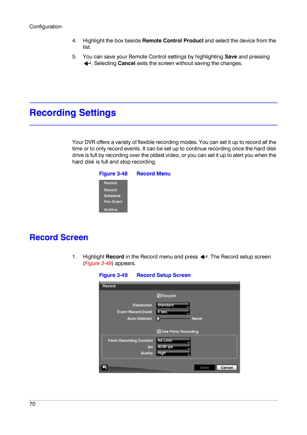 Honeywell HRXD9, HRXD16 manual Recording Settings, Record Screen 