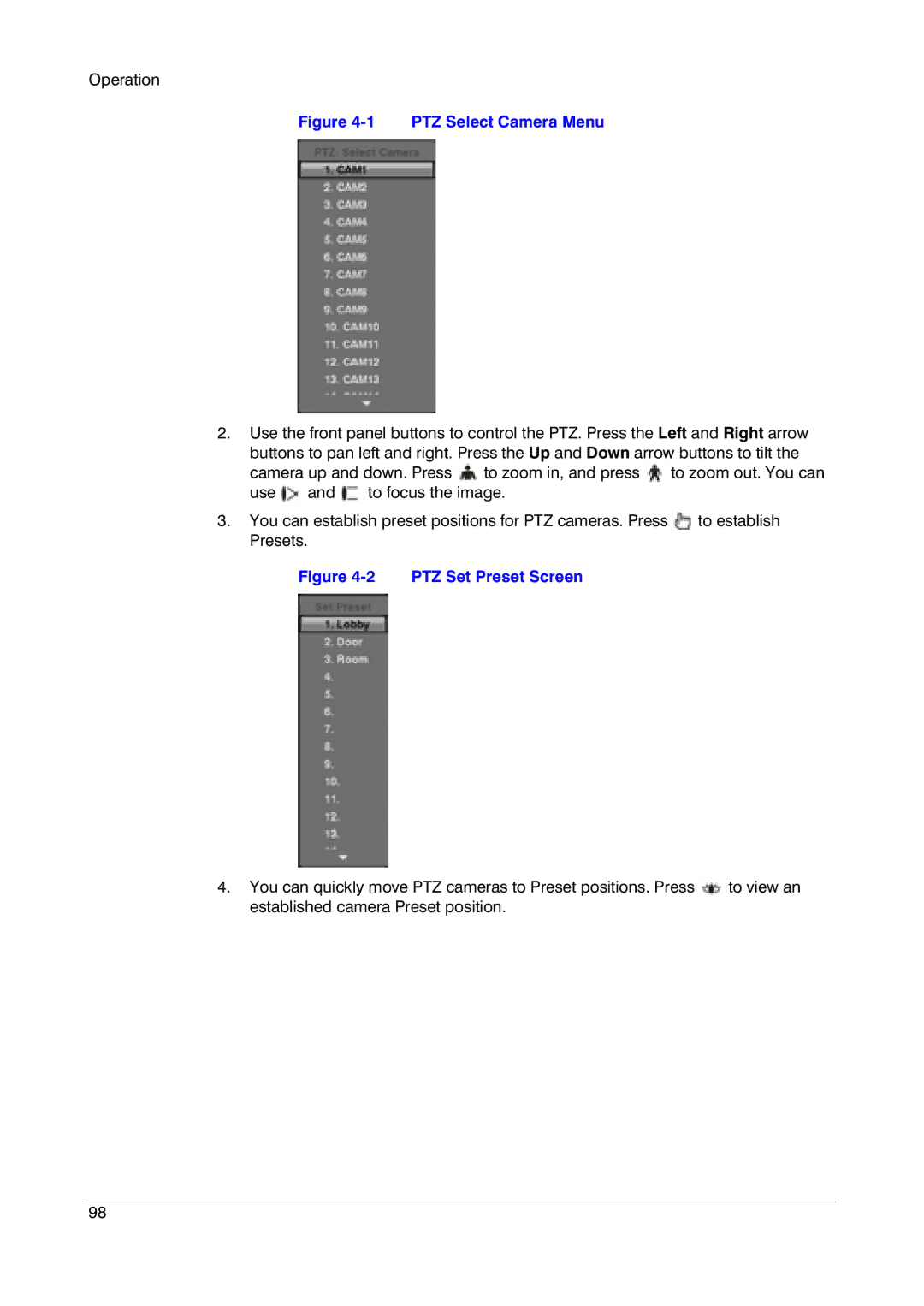 Honeywell HRXD9, HRXD16 manual PTZ Select Camera Menu 