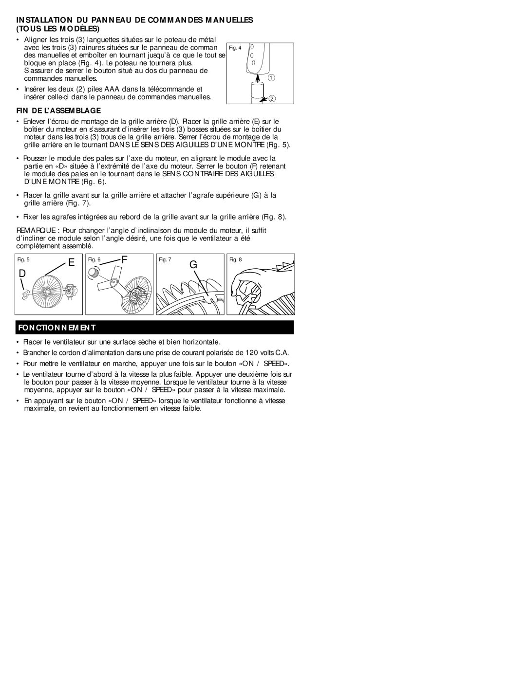 Honeywell HS-160R owner manual Fonctionnement, Fin De L’Assemblage 