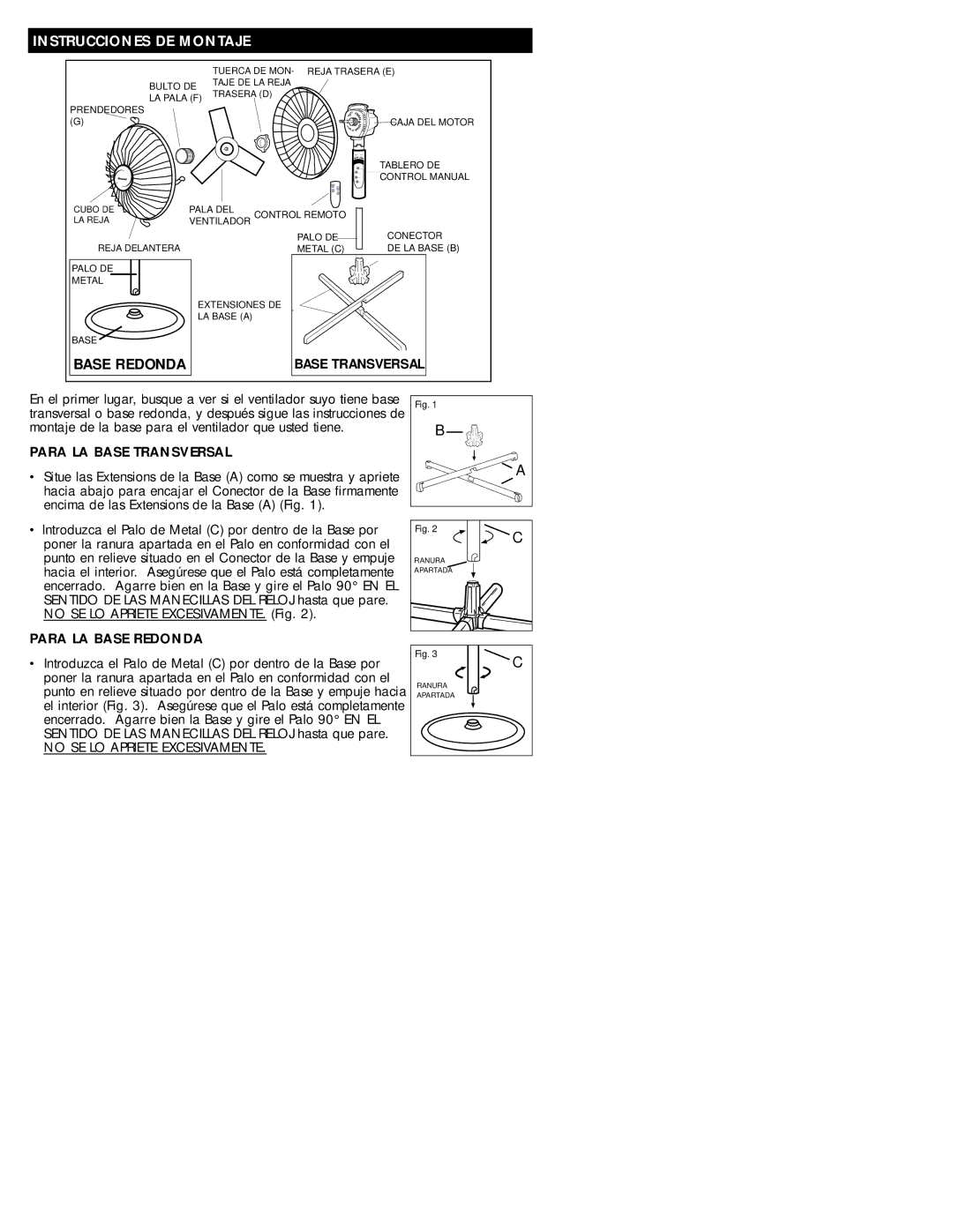 Honeywell HS-160R owner manual Instrucciones DE Montaje, Para LA Base Transversal, Para LA Base Redonda 