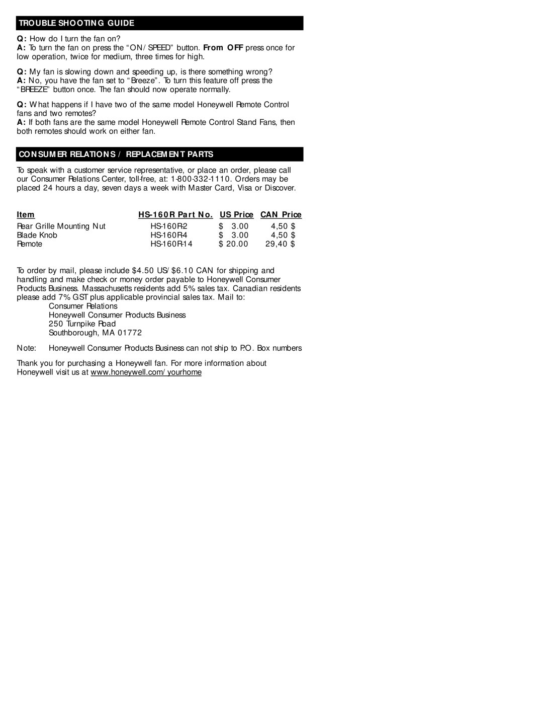 Honeywell HS-160R owner manual Trouble Shooting Guide, Consumer Relations / Replacement Parts 