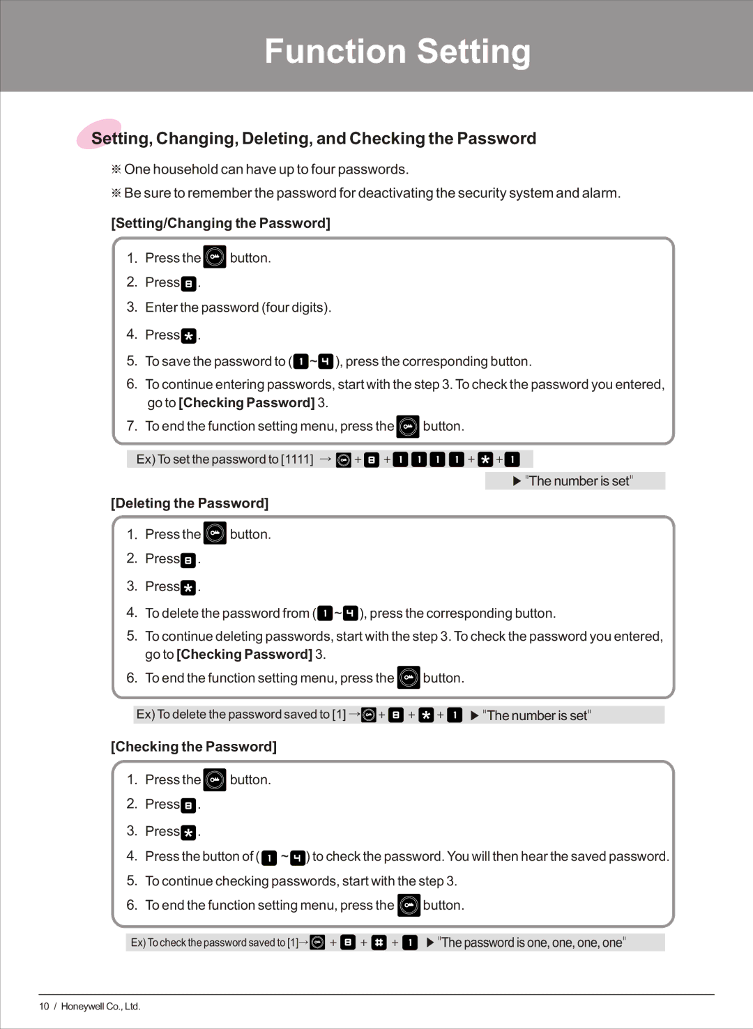 Honeywell HS-6270 user manual Setting, Changing, Deleting, and Checking the Password, Setting/Changing the Password 