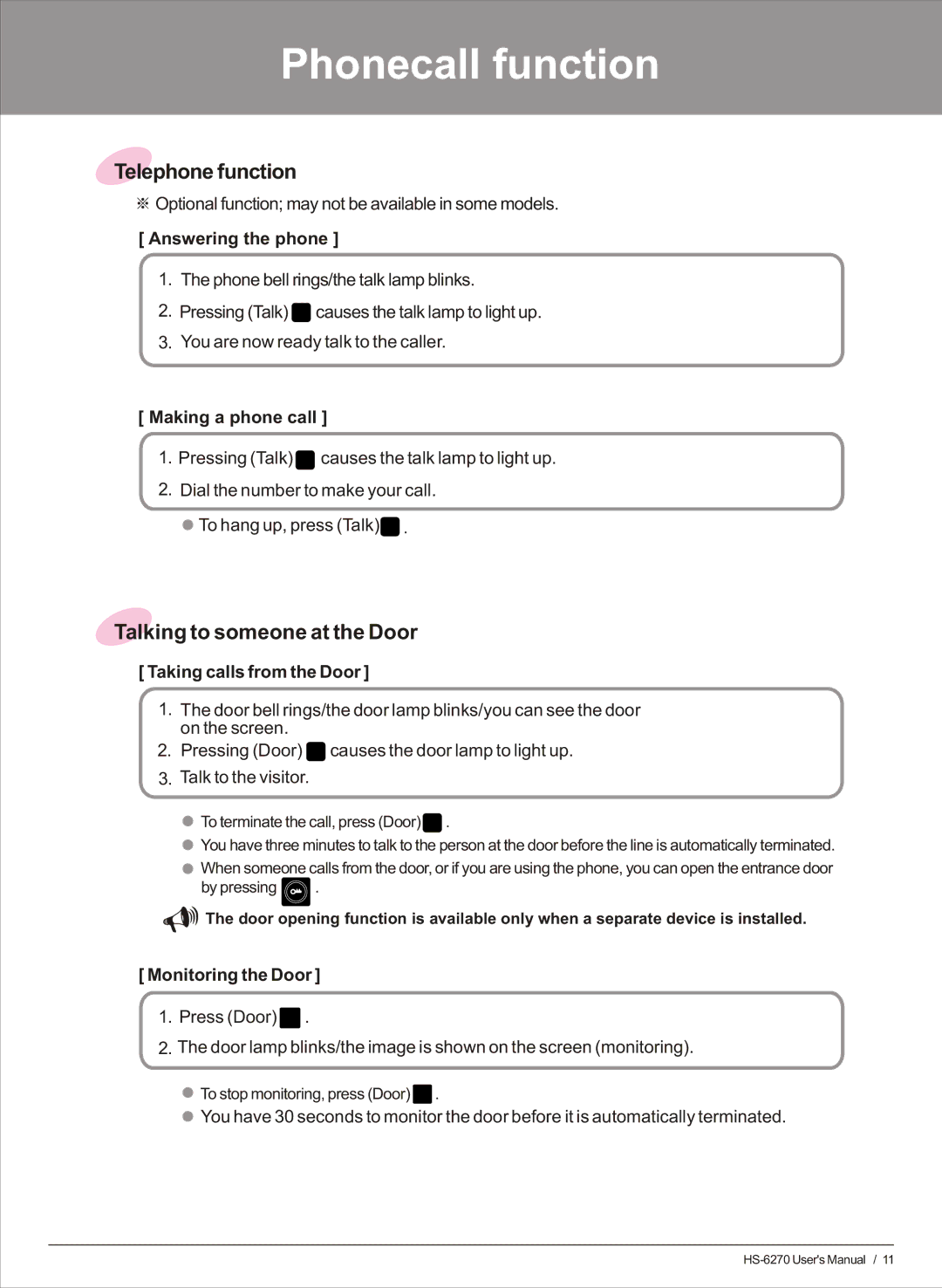 Honeywell HS-6270 user manual Phonecall function, Telephone function, Talking to someone at the Door 