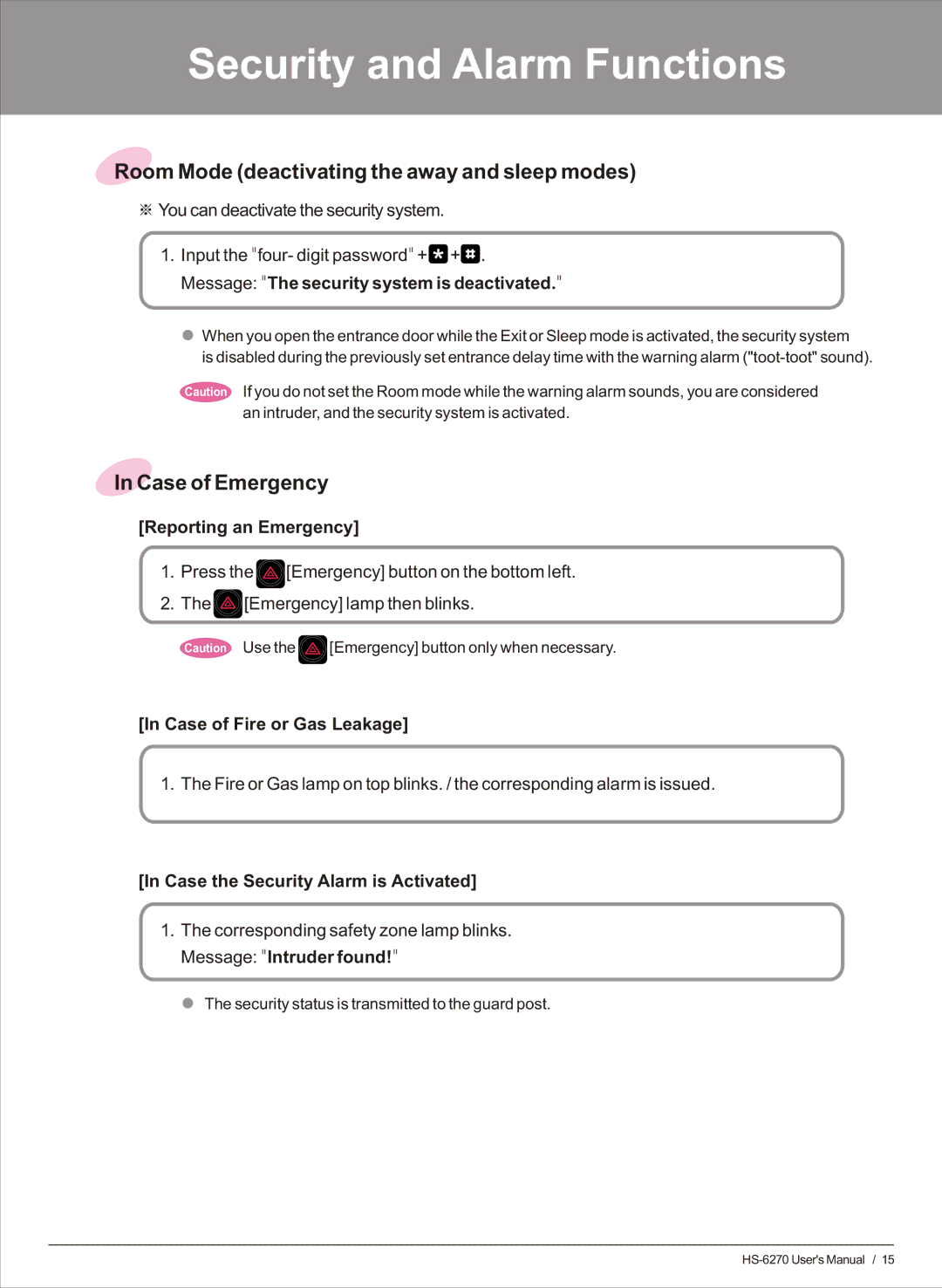 Honeywell HS-6270 user manual Room Mode deactivating the away and sleep modes, Case of Emergency, Reporting an Emergency 