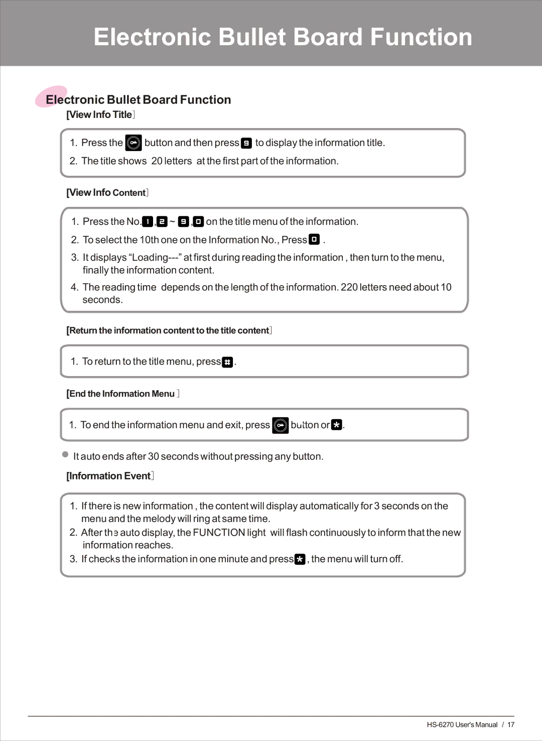 Honeywell HS-6270 user manual Electronic Bullet Board Function, View Info Title, View Info Content, Information Event 