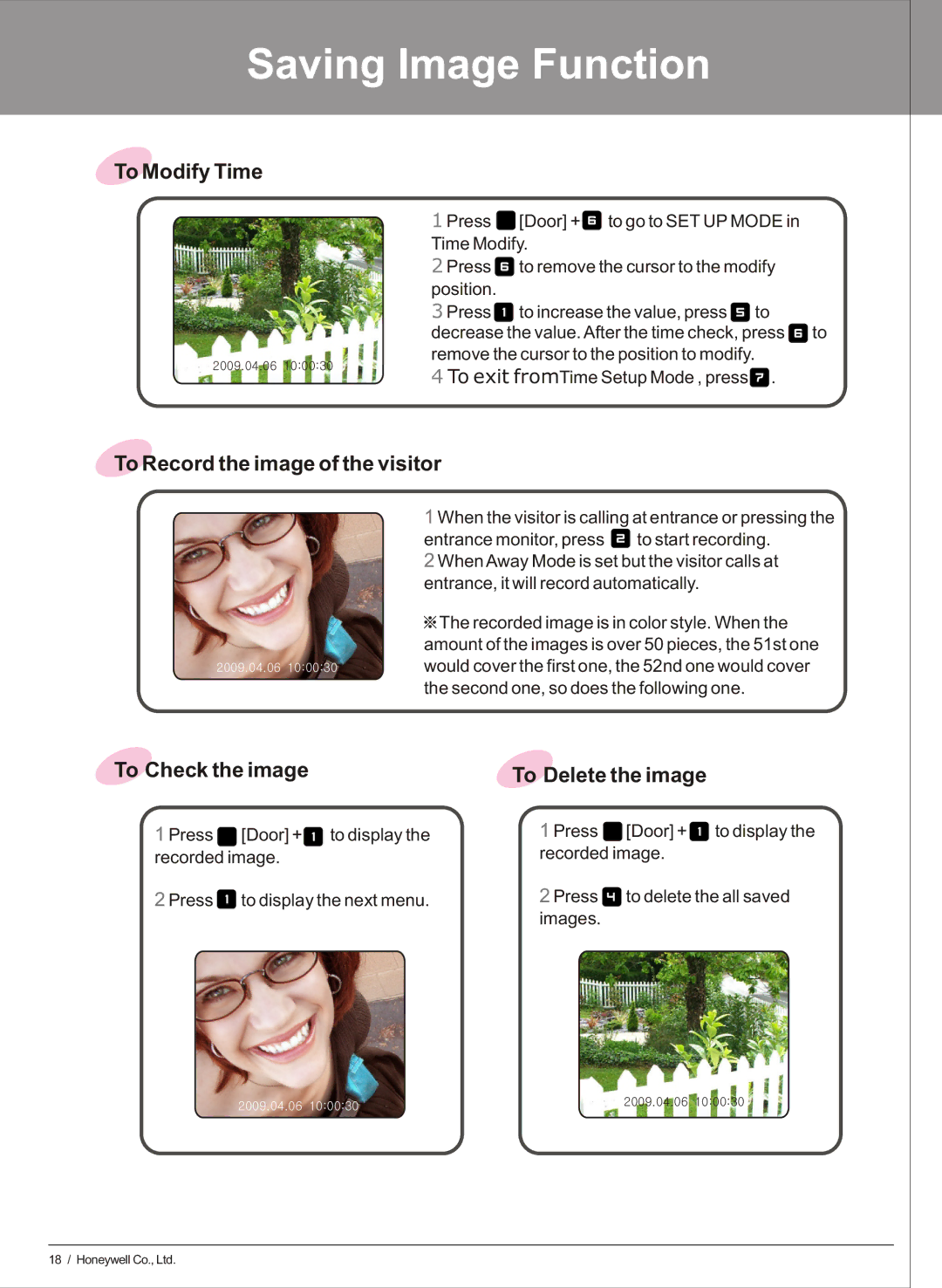 Honeywell HS-6270 user manual Saving Image Function, To Modify Time, To Record the image of the visitor 