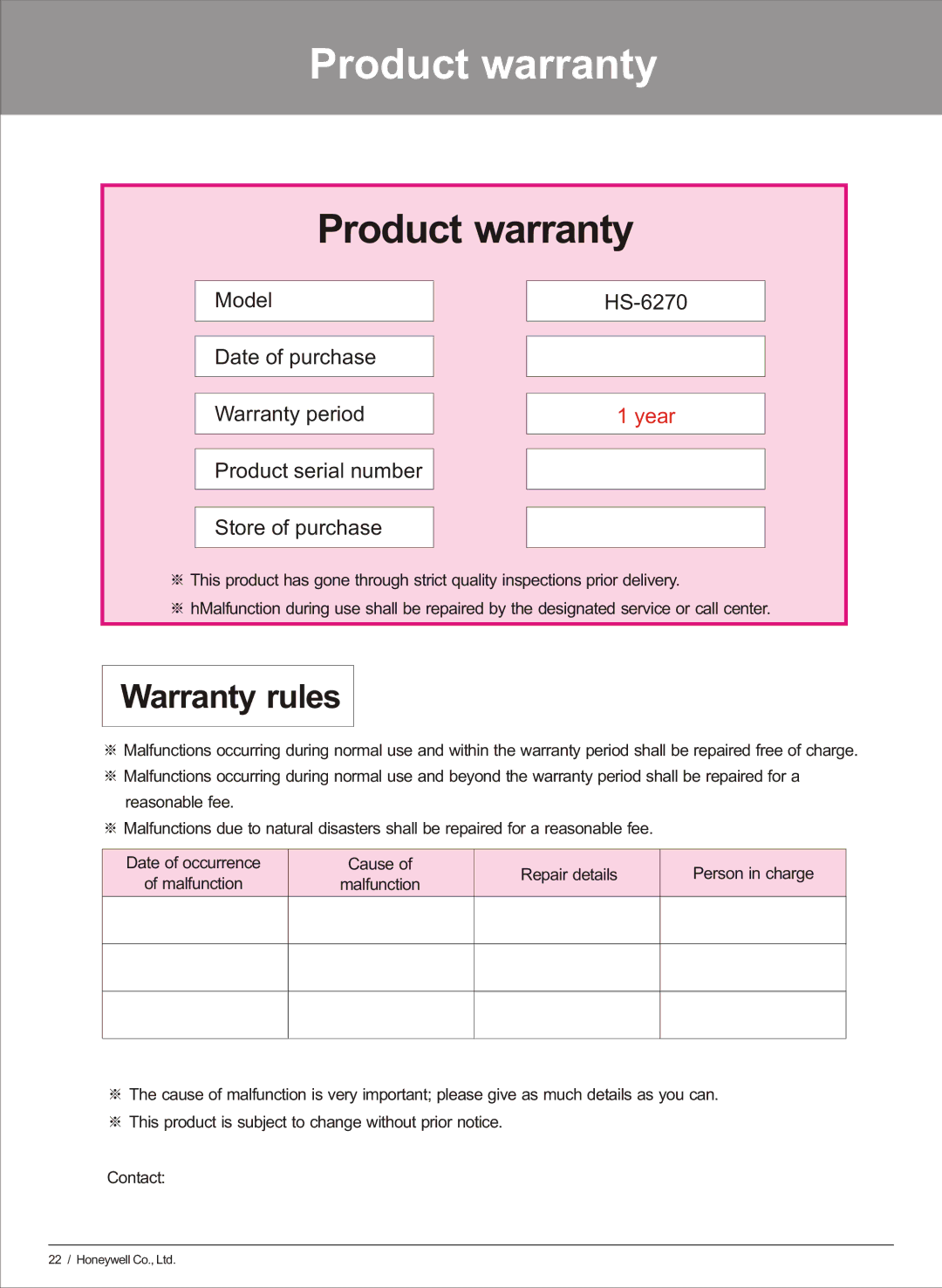 Honeywell HS-6270 user manual Product warranty 