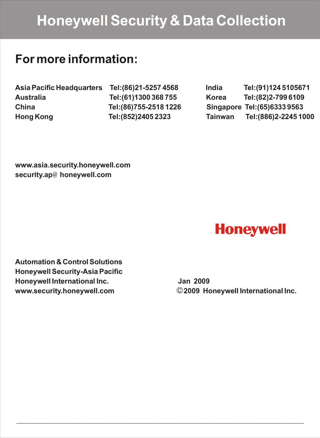 Honeywell HS-6270 user manual Honeywell Security & Data Collection, For more information 