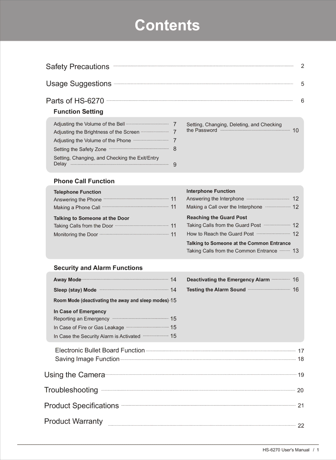 Honeywell HS-6270 user manual Contents 