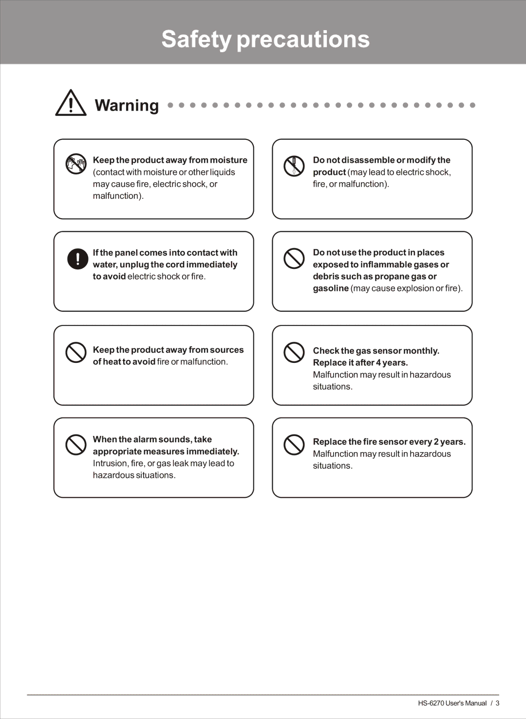 Honeywell HS-6270 user manual When the alarm sounds, take appropriate measures immediately 