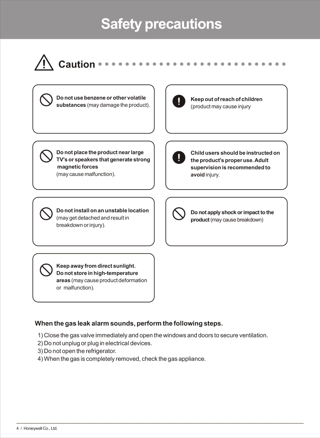 Honeywell HS-6270 user manual When the gas leak alarm sounds, perform the following steps 