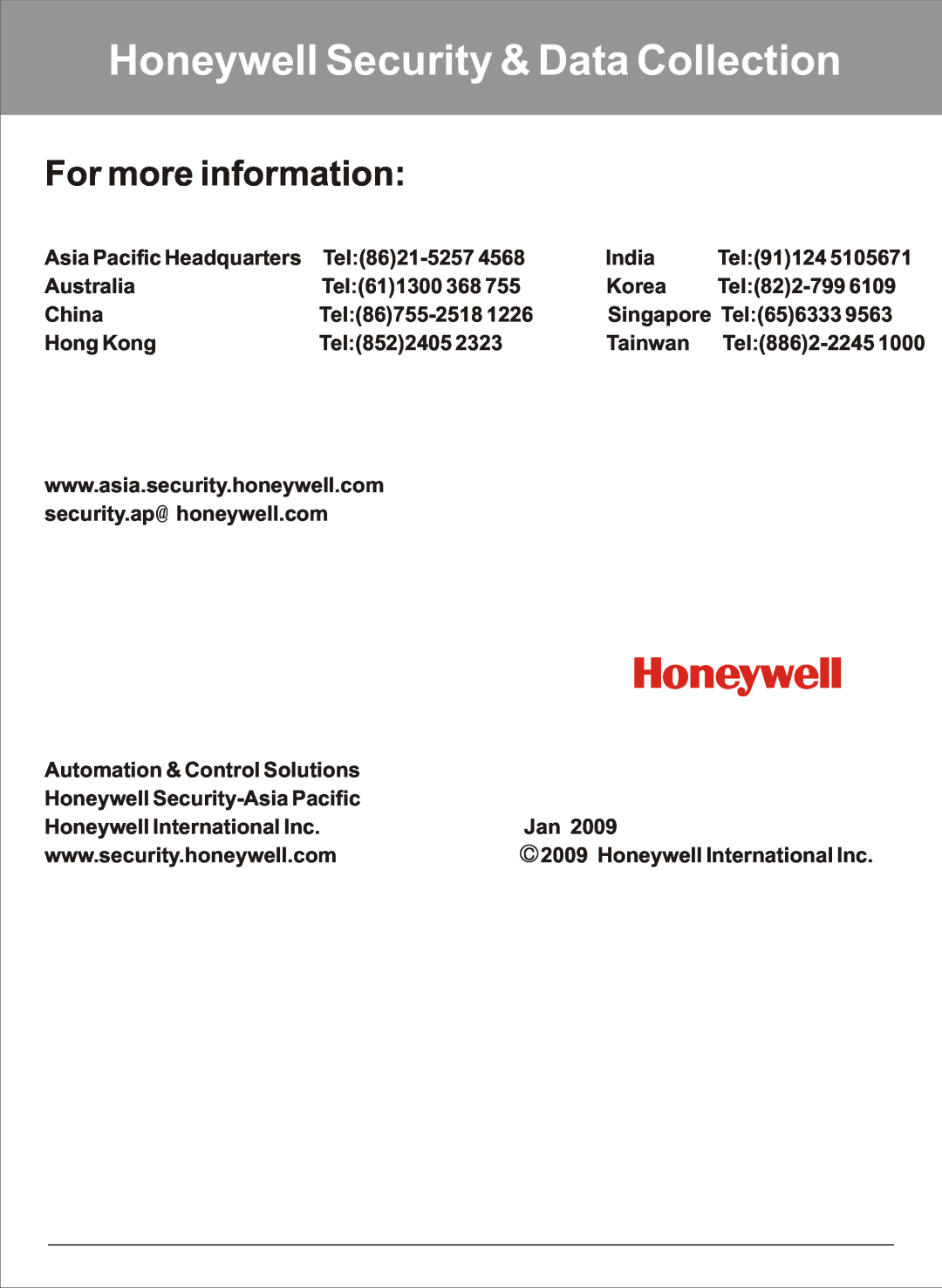 Honeywell HS-6270 user manual Honeywell Security & Data Collection, For more information 