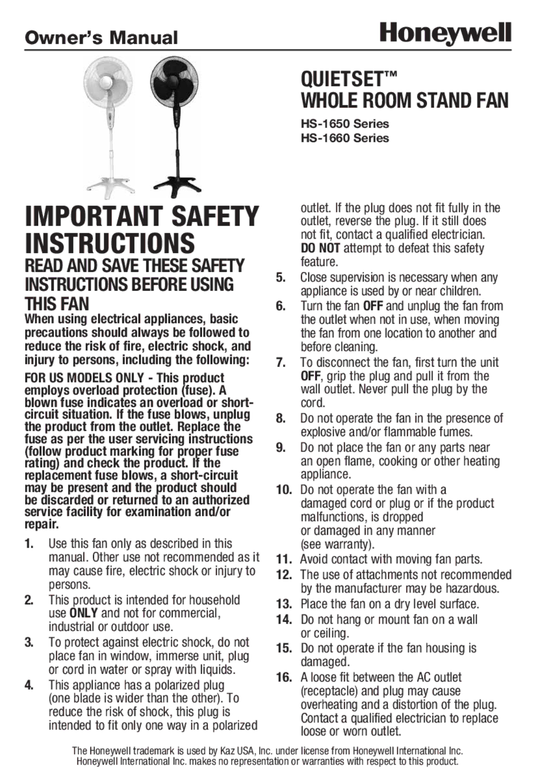 Honeywell HS1665 important safety instructions Important Safety Instructions, HS-1650 Series HS-1660 Series 