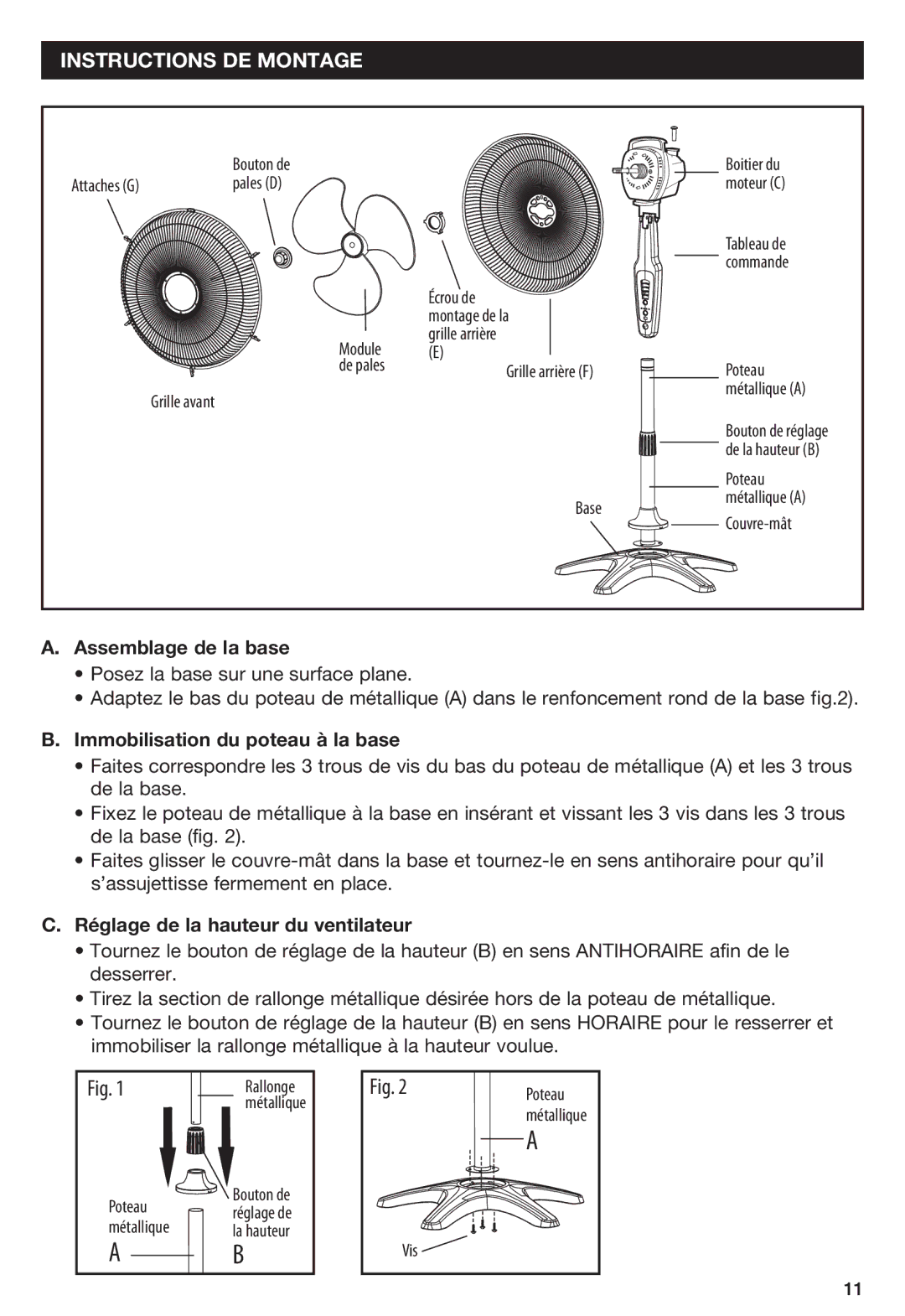 Honeywell HS1665 important safety instructions Instructions DE Montage, Assemblage de la base 