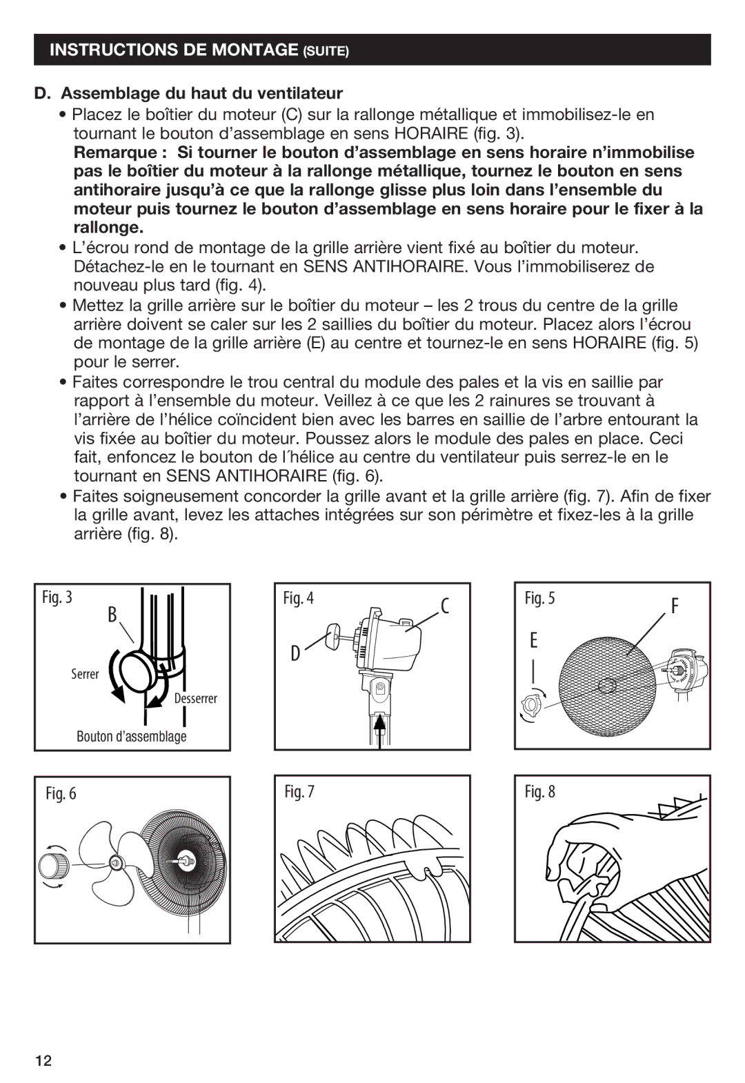 Honeywell HS1665 important safety instructions Instructions DE Montage Suite, Assemblage du haut du ventilateur 