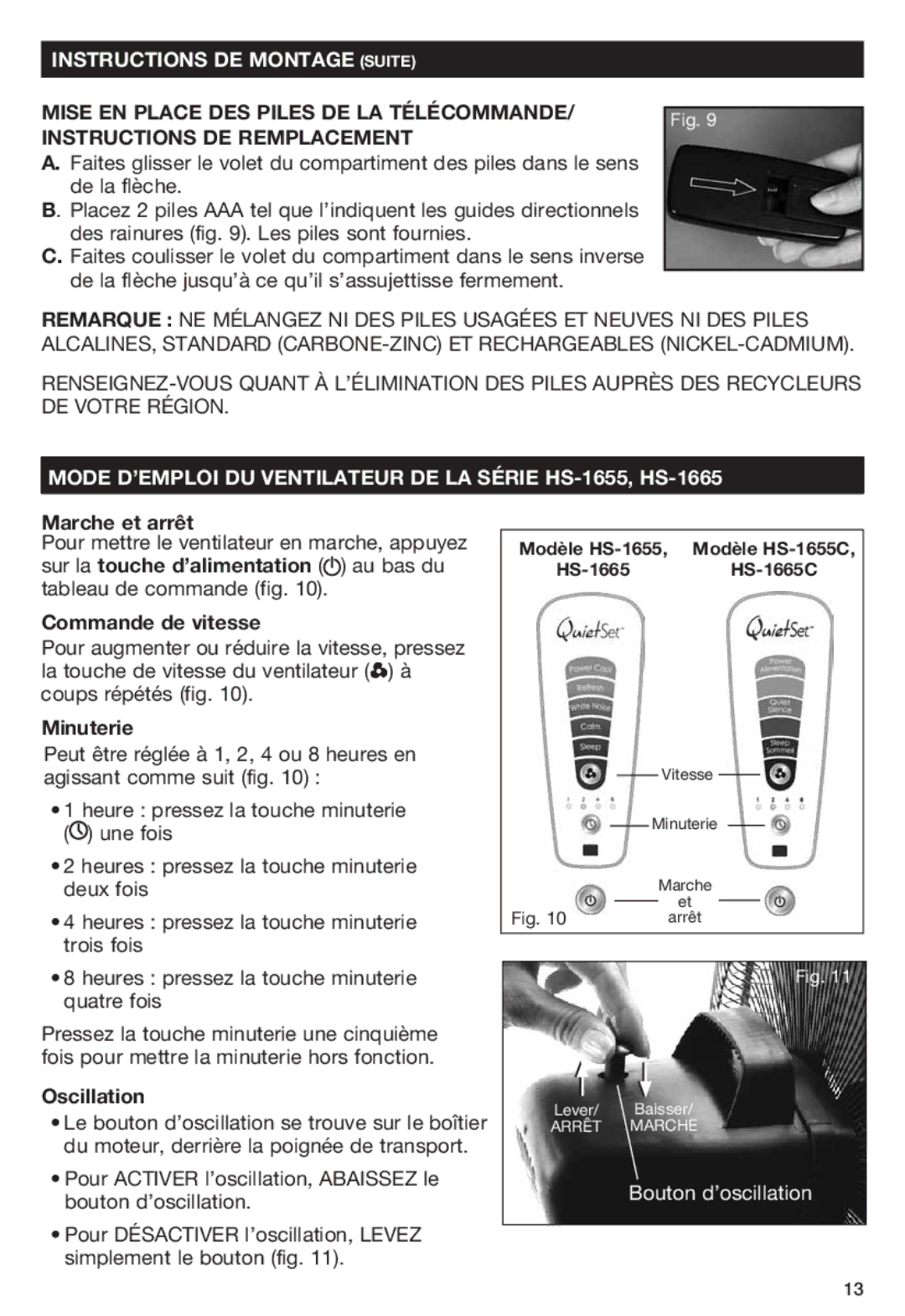 Honeywell HS1665 important safety instructions Marche et arrêt, Commande de vitesse, Minuterie, Oscillation 