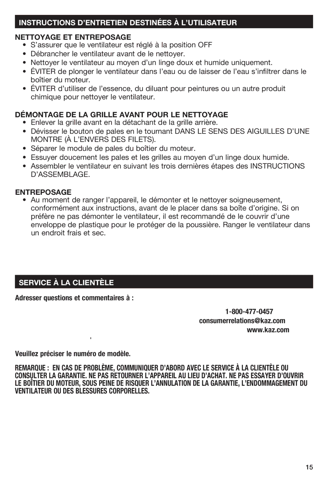 Honeywell HS1665 Instructions D’ENTRETIEN Destinées À L’UTILISATEUR, Nettoyage ET Entreposage, Service À LA Clientèle 