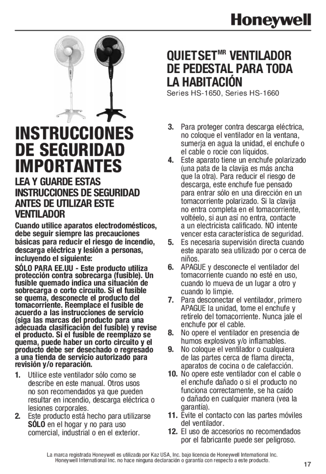 Honeywell HS1665 important safety instructions Instrucciones DE Seguridad Importantes, Series HS-1650, Series HS-1660 