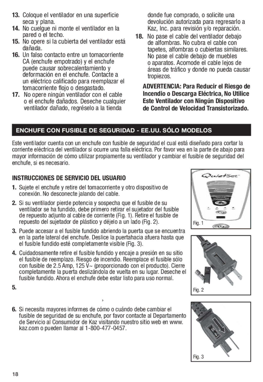 Honeywell HS1665 Instrucciones DE Servicio DEL Usuario, Enchufe CON Fusible DE Seguridad EE.UU. Sólo Modelos 