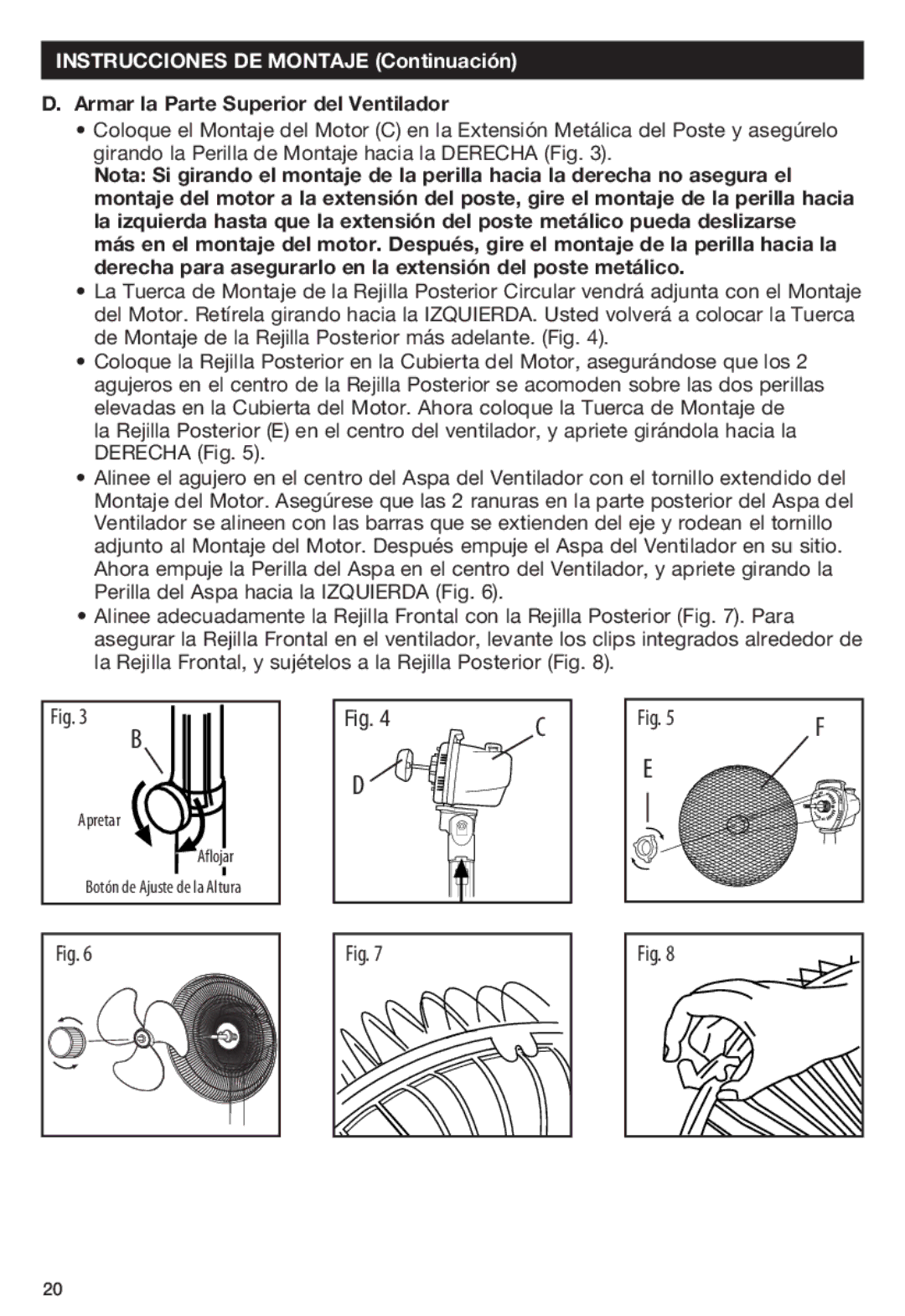 Honeywell HS1665 Instrucciones DE Montaje Continuación, Armar la Parte Superior del Ventilador 