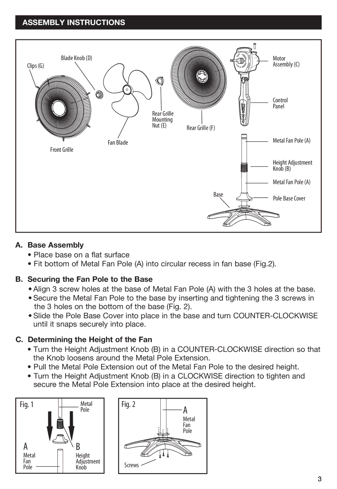 Honeywell HS1665 important safety instructions Assembly Instructions, Base Assembly, Securing the Fan Pole to the Base 