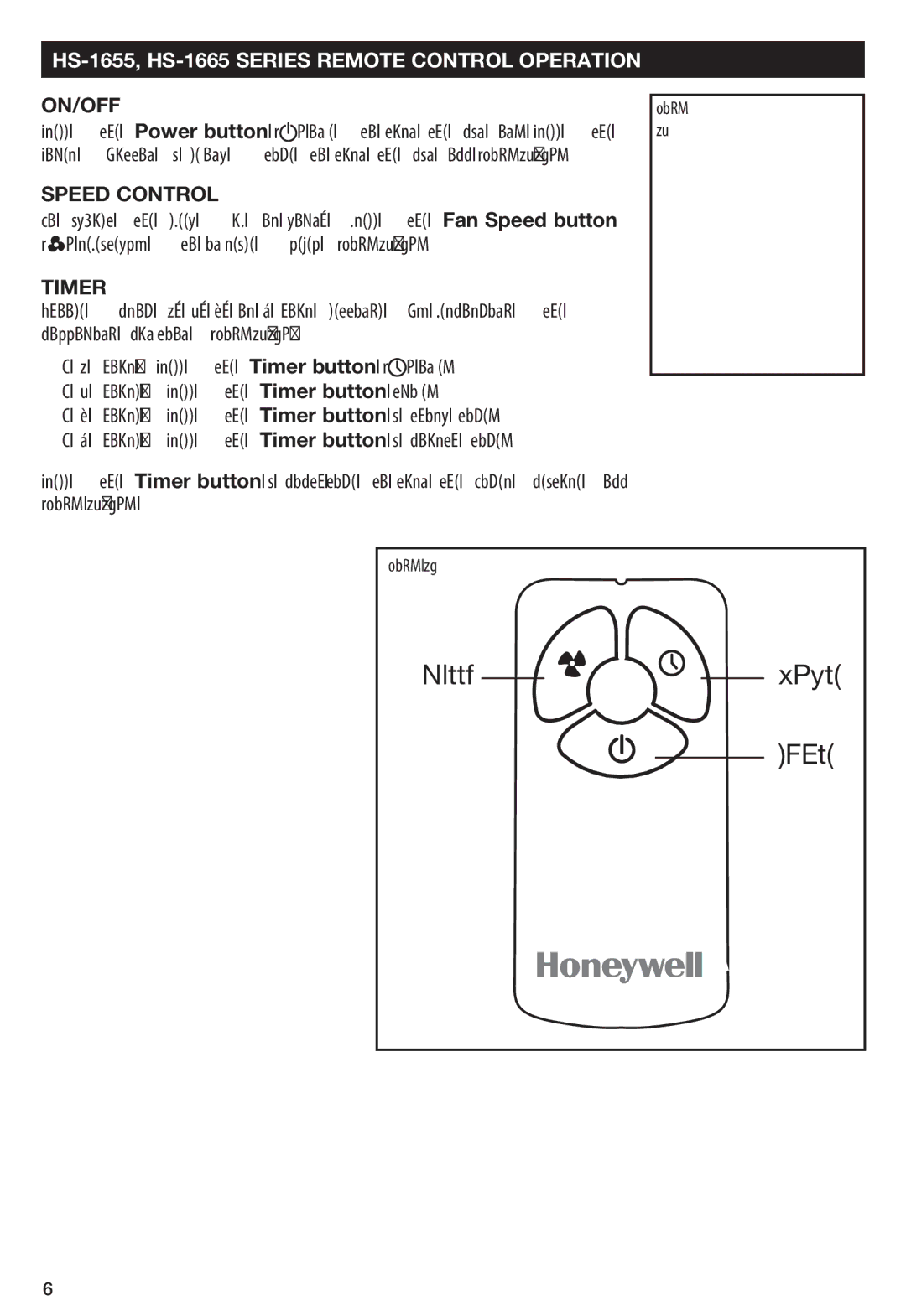 Honeywell HS1665 important safety instructions Power, HS-1655, HS-1665 Series REMOTE CONTROL OPERATION 