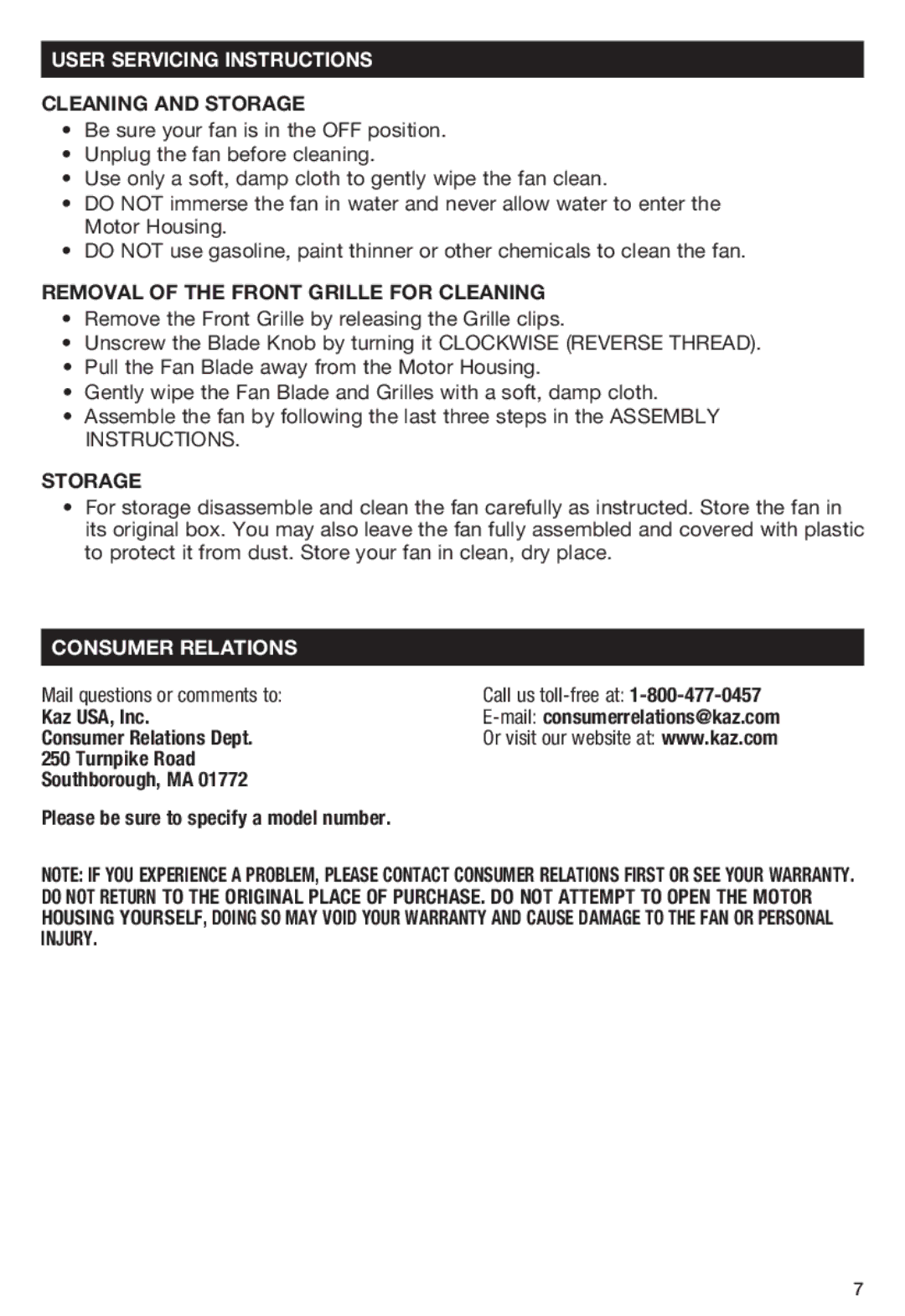 Honeywell HS1665 User Servicing Instructions, Cleaning and Storage, Removal of the Front Grille for Cleaning 