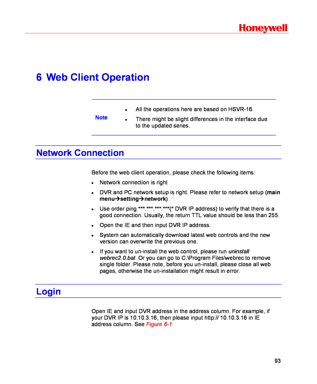 Honeywell HSVR-16, HSVR-04 user manual Web Client Operation, Network Connection, Login, Honeywell 