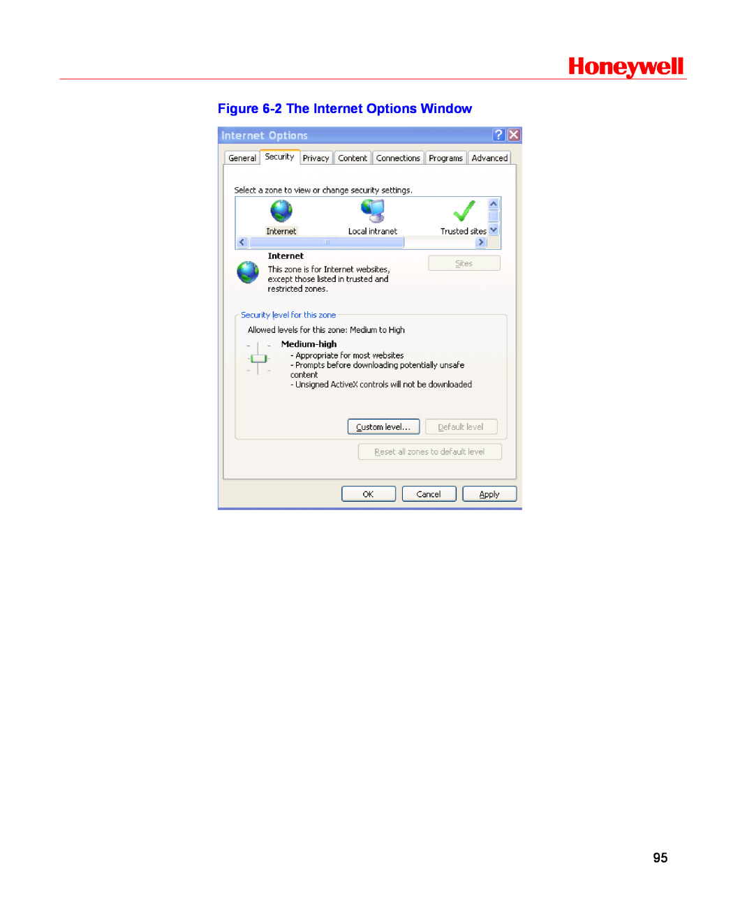 Honeywell HSVR-16, HSVR-04 user manual Honeywell, 2 The Internet Options Window 