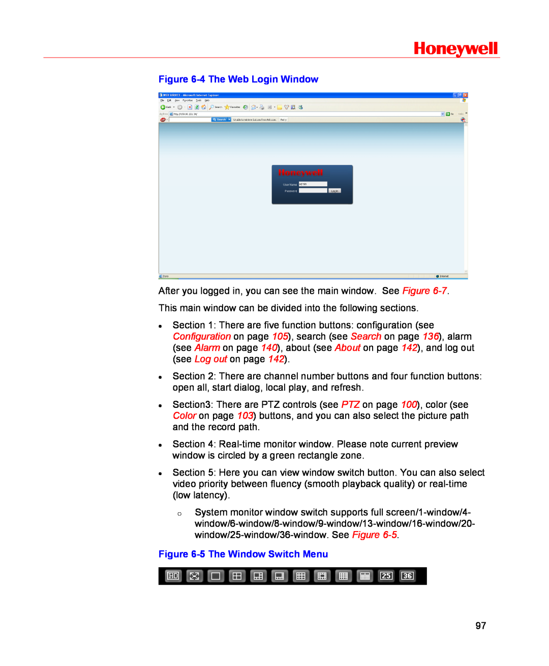 Honeywell HSVR-16, HSVR-04 user manual Honeywell, 4 The Web Login Window, 5 The Window Switch Menu 