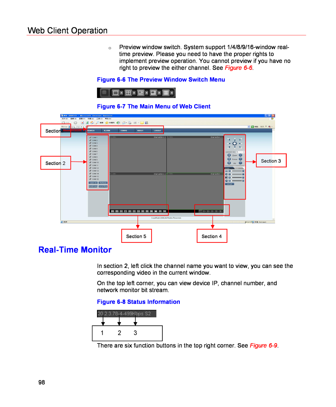 Honeywell HSVR-04 Real-Time Monitor, Web Client Operation, 6 The Preview Window Switch Menu, 7 The Main Menu of Web Client 