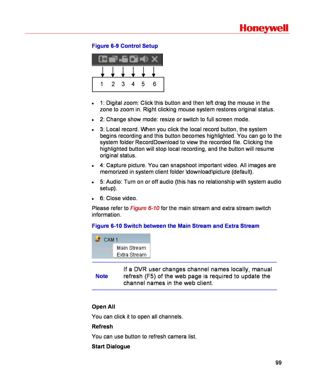 Honeywell HSVR-16 Honeywell, 9 Control Setup, 10 Switch between the Main Stream and Extra Stream, Open All, Refresh 