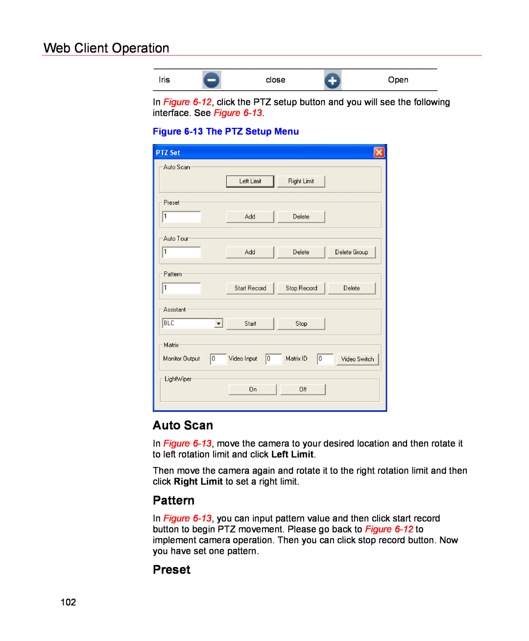 Honeywell HSVR-04, HSVR-16 user manual Auto Scan, Pattern, Preset, Web Client Operation, 13 The PTZ Setup Menu 