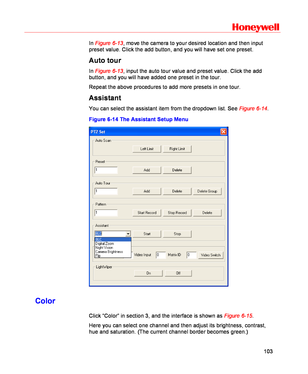 Honeywell HSVR-16, HSVR-04 user manual Color, Auto tour, Honeywell, 14 The Assistant Setup Menu 