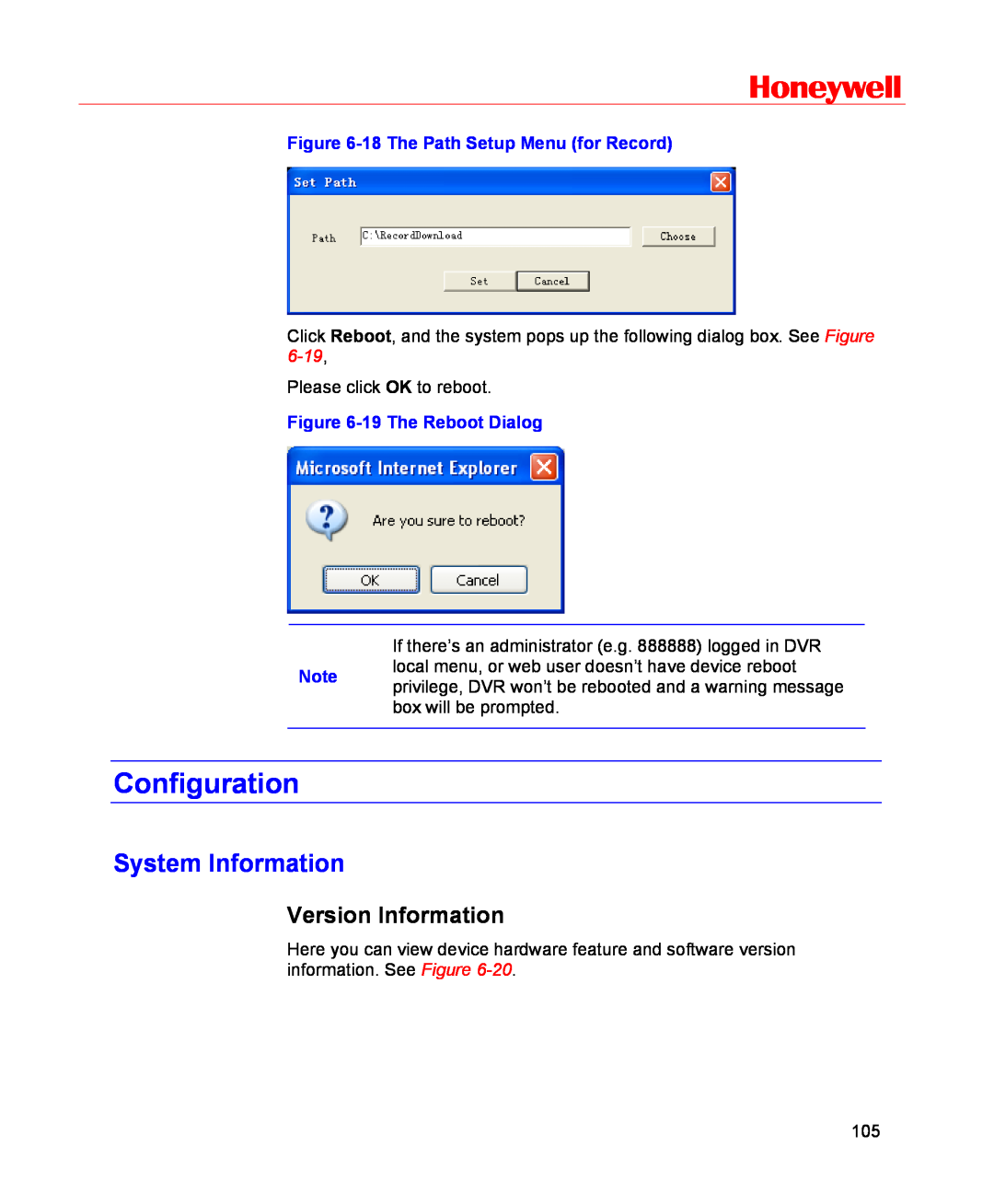 Honeywell HSVR-16 Configuration, System Information, Version Information, Honeywell, 18 The Path Setup Menu for Record 