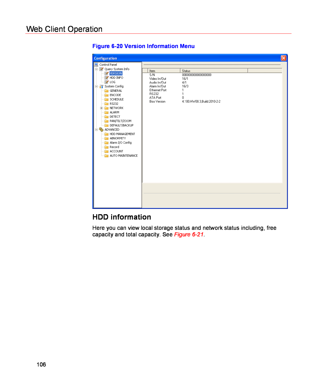 Honeywell HSVR-04, HSVR-16 user manual HDD information, Web Client Operation, 20 Version Information Menu 