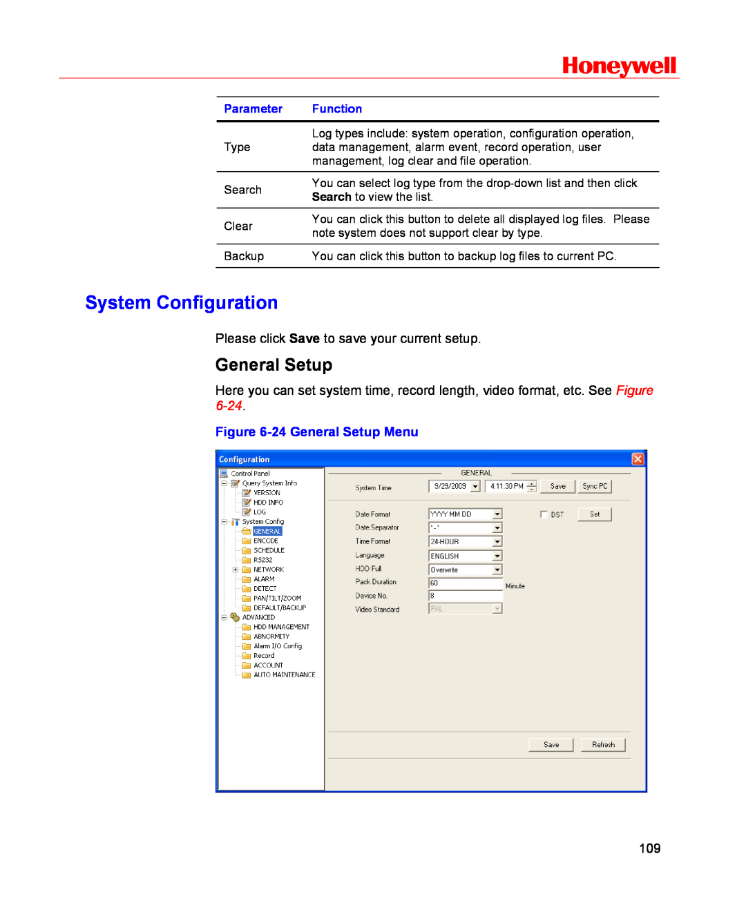 Honeywell HSVR-16, HSVR-04 user manual System Configuration, Honeywell, 24 General Setup Menu, Parameter, Function 